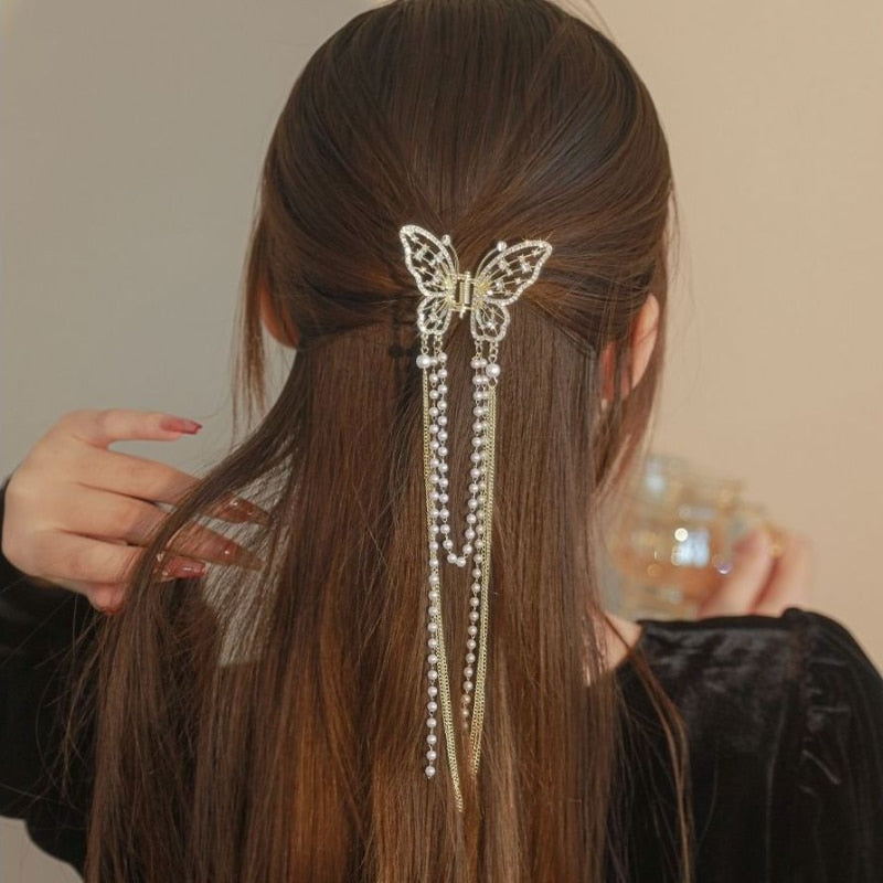 Korean Butterfly Pearl Tassel hair clip Women crystal Simple hair claw clip Shark crab Clips girls Hairpin Hair Accessories